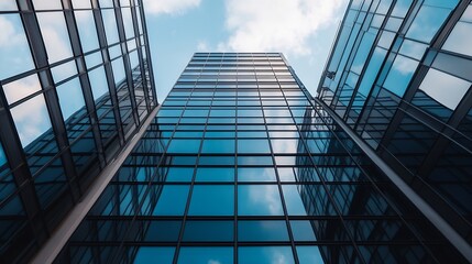 Modern skyscrapers reflecting the blue sky and fluffy clouds with a focus on angular glass architecture : Generative AI