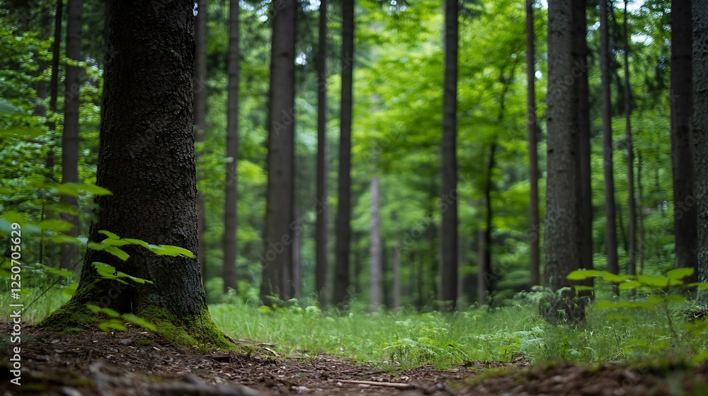 Poster tranquil forest scene with tall trees and lush green foliage on a calm day : generative ai
