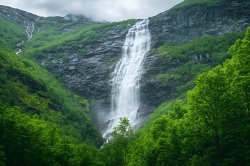 Fototapeta premium Majestic mountain waterfall cascading down verdant valley