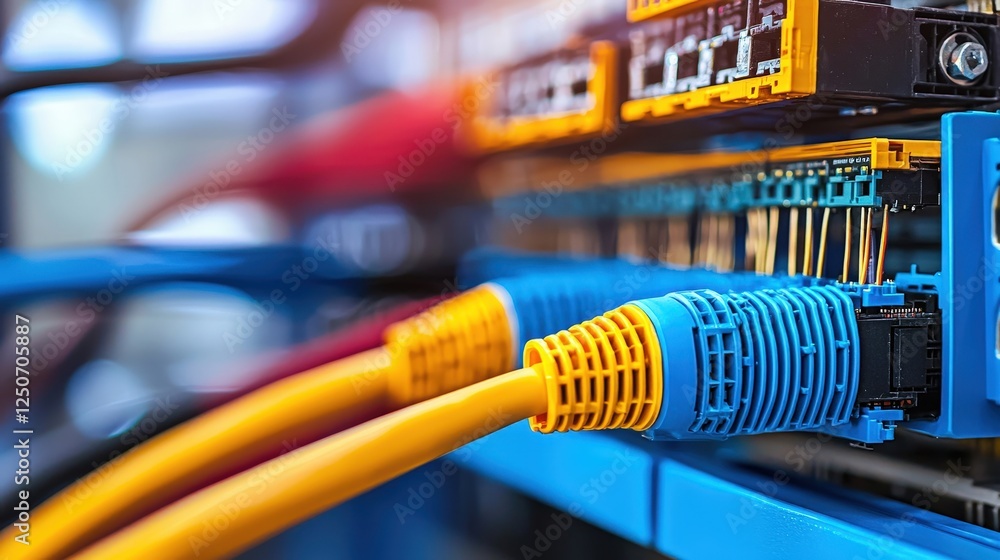 Poster close-up of colorful network cables in a server rack