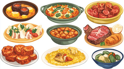 Spanish cuisine restaurant vector menu of meat and vegetable food, rice and pasta seafood paella and fish salad dishes. Bean sausage soup, extremadura beef steak and vegetable ham stew