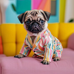 pug puppy sitting on a sofa