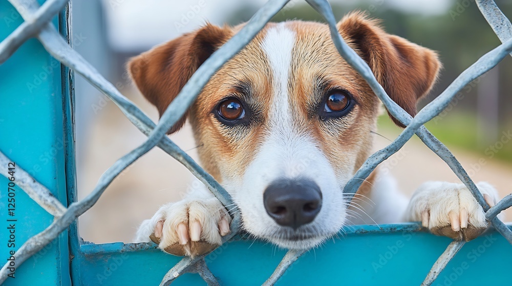 Poster adorable dog looking longingly through a metal fence conveying emotion and connection : generative a