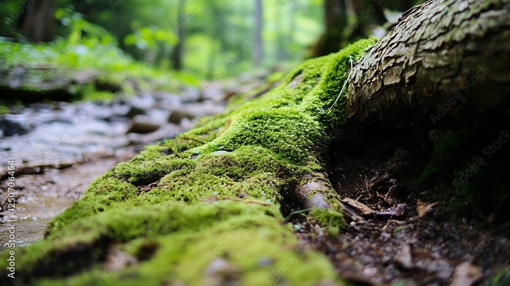 Poster lush green moss covering a tree root in a serene and tranquil forest setting : generative ai