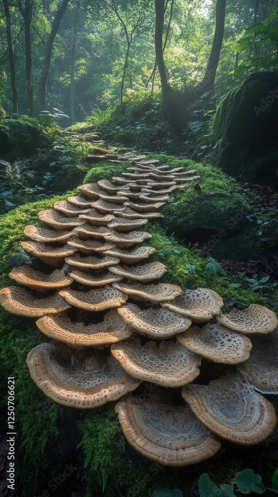 Poster forest path covered in mushroom clusters