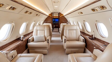 Elegant interior view of a private jet showcasing plush seating and luxurious design elements : Generative AI