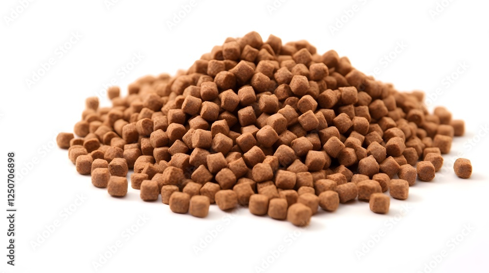 Poster a neat and tidy arrangement of small round dry food pellets placed on a clean white background the p