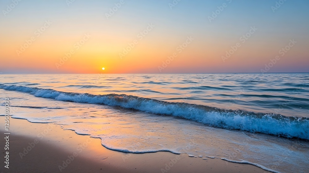 Poster breathtaking sunset over calm ocean waves creating a serene beach atmosphere : generative ai