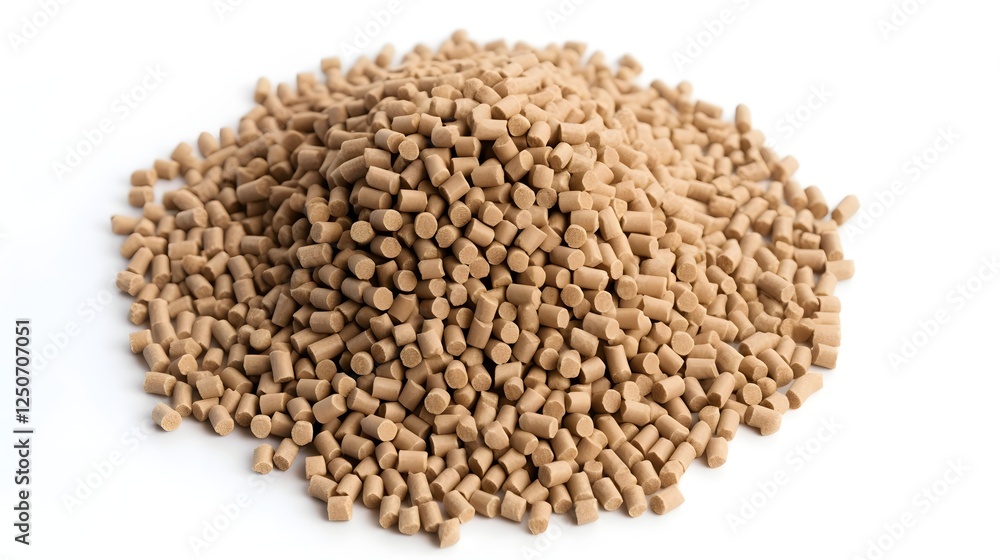 Poster a neatly arranged pile of small round dry food pellets resting on a clean crisp white background the