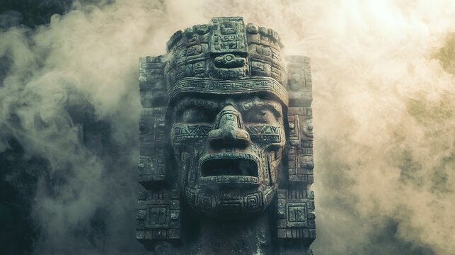 37. A striking sculpture of Tezcatlipoca surrounded by mist on a dark pastel background