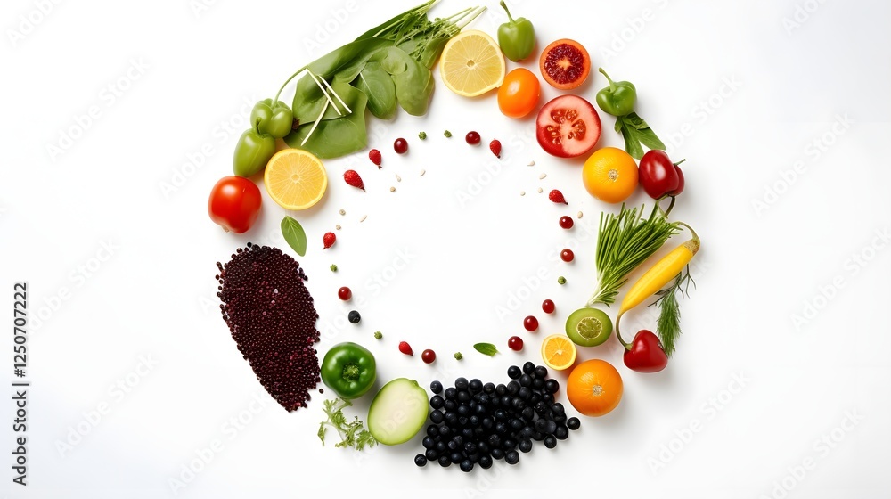 Poster symmetrical circular arrangement of various nutritious food granules such as grains seeds or powders