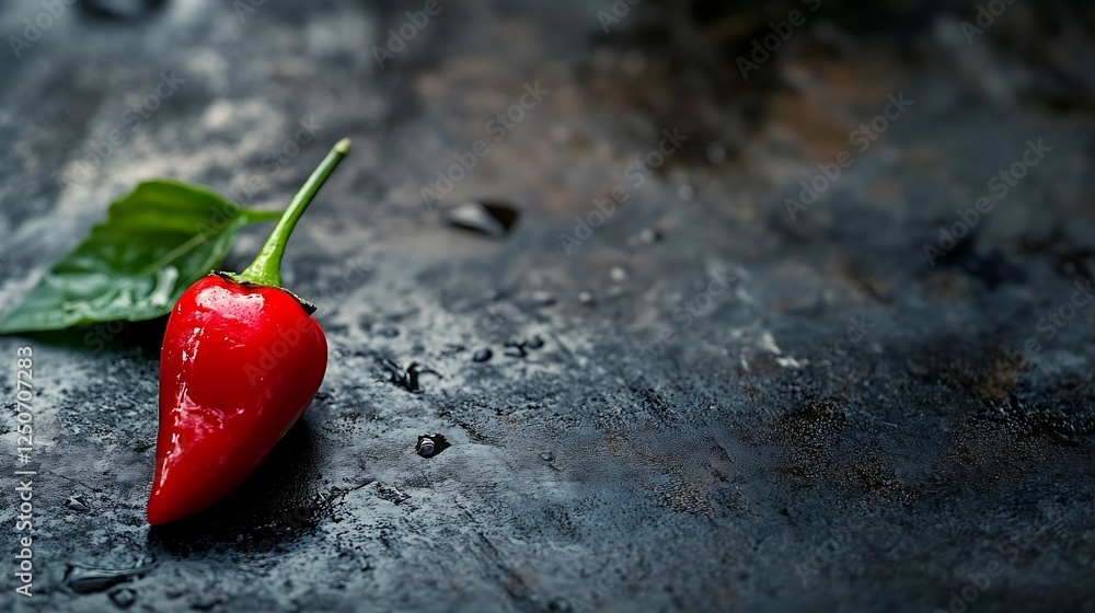 Poster vibrant red chili pepper on dark rustic surface with leaf and water droplets : generative ai
