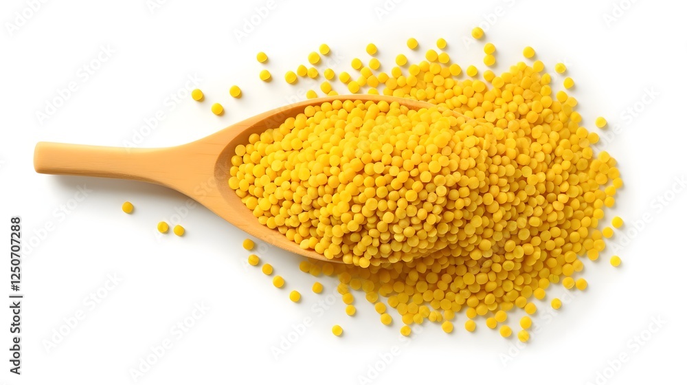 Poster macro shot of a spoonful of tiny crispy food pellets resting on a plain clean white background the t