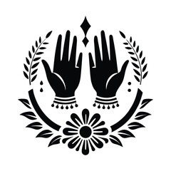 
A symmetrical emblem featuring a pair of hands raised in prayer, encircled by a laurel wreath adorned with leaves and decorative elements