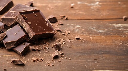 Delicious high quality chocolate pieces scattered on rustic wooden table : Generative AI