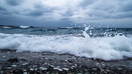 Dynamic Waves Crashing on a Rocky Shore under a Dramatic Sky : Generative AI