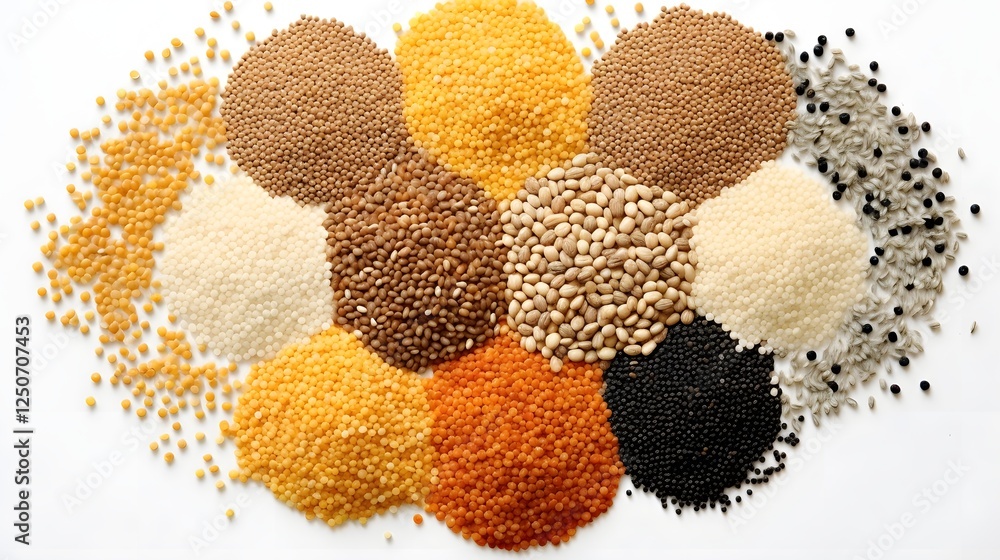 Poster dynamically floating cluster of various nutritious and healthy dry food grains such as oats wheat ba