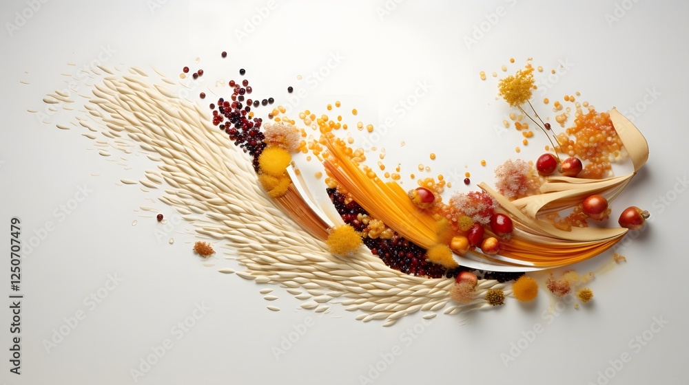 Poster a captivating arrangement of nutritious dry food grains including various cereal and seed varieties 