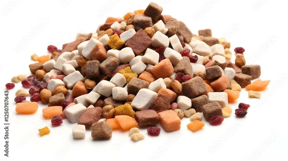 Poster closeup of a neat pile of various sized and textured dry food pellets including smooth and rough sha