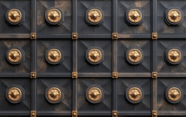 Ornate Dark Metal Gate Texture, Geometric Design, Gold Accents, Architectural Detail, Background for Design Projects