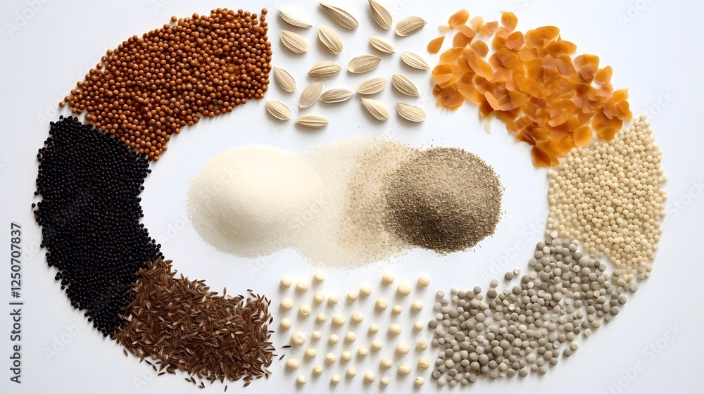 Poster overhead view of an mosaic arrangement composed of a variety of dry food pellets such as grains cere
