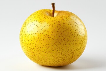 A smooth yellow pear with a slender stem against the white background, isolated perfectly,