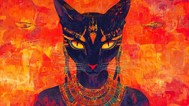 45. A bold image of Sekhmet with fiery eyes on a red-orange pastel background
