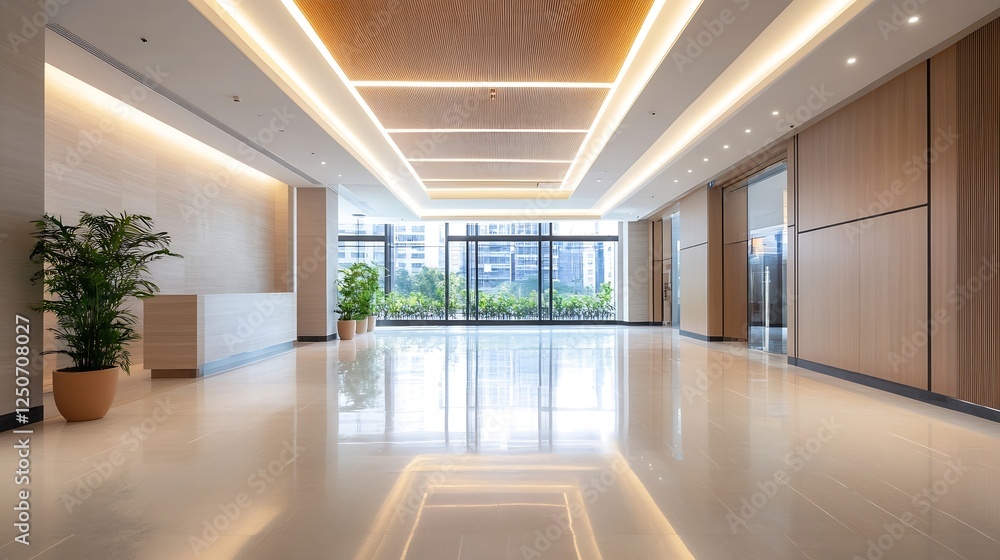 Poster bright and spacious lobby of a modern building with large windows and greenery : generative ai