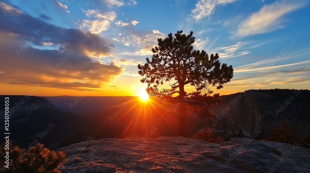 Poster Majestic mountain view during sunset with tree silhouette creating an aweinspiring scene : Generative AI