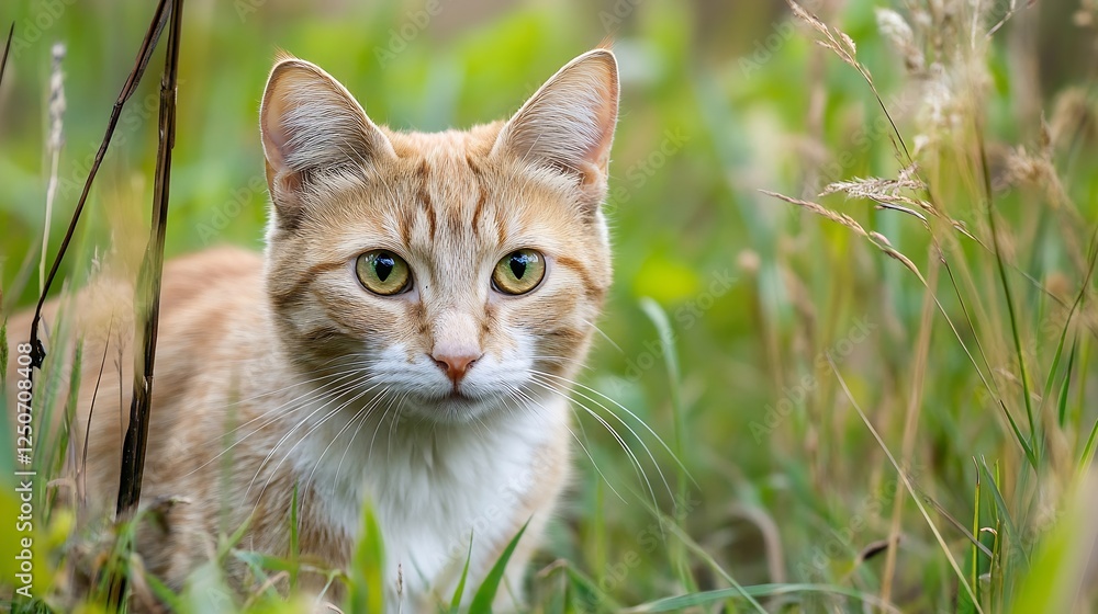 Poster close up of an orange tabby cat in a green natural setting with soft focus on grass : generative ai