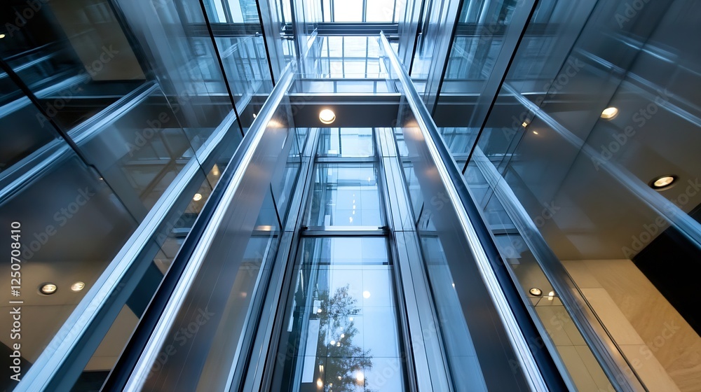 Poster modern architectural interior featuring glass elevators with a sleek and futuristic design perspecti