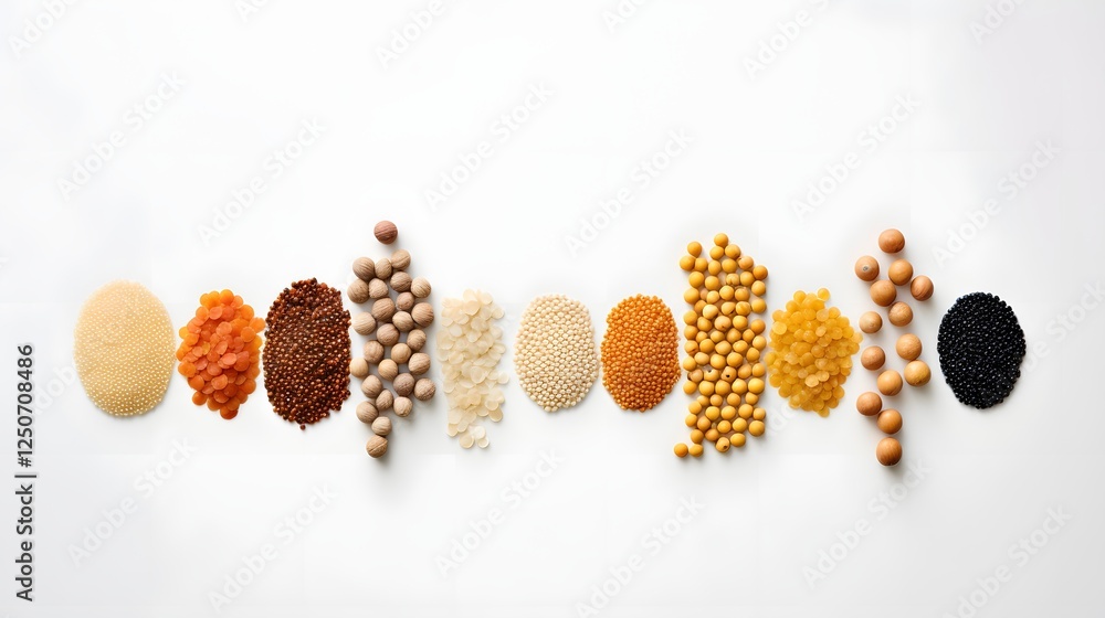 Poster conceptual display of precisely aligned nutritious food granules against a clean crisp white backdro
