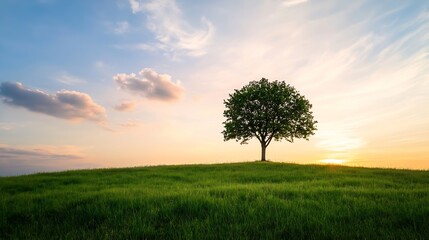 Obraz premium Lone tree on a grassy hill under a colorful sky during sunset offering a peaceful landscape : Generative AI