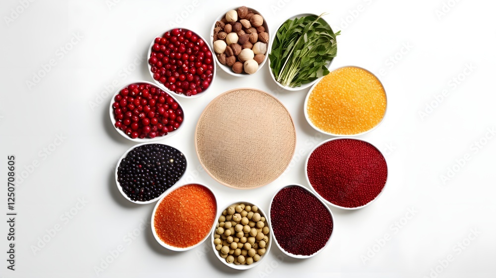 Poster conceptual display of precisely arranged nutritious food granules such as grains powders and supplem