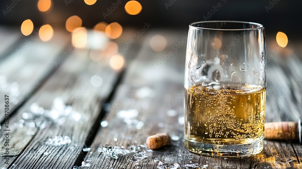 Poster a glass of sparkling whiskey on a wooden table with blurred lights in the background : generative ai