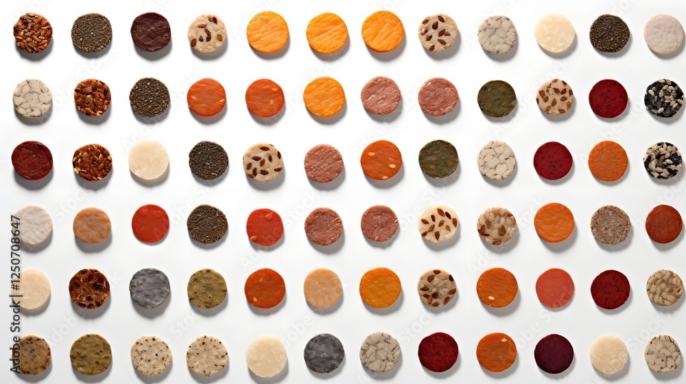 Poster a close up minimalist composition showcasing a structured symmetric arrangement of crisp round food 
