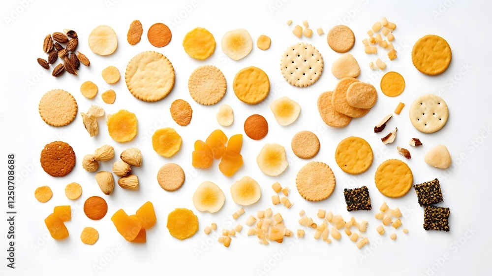Poster close up view of an organized symmetrical arrangement of round crisp dry food pieces with clean edge