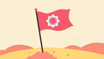 Stylized red flag with gear on sandy dunes, symbol of innovation