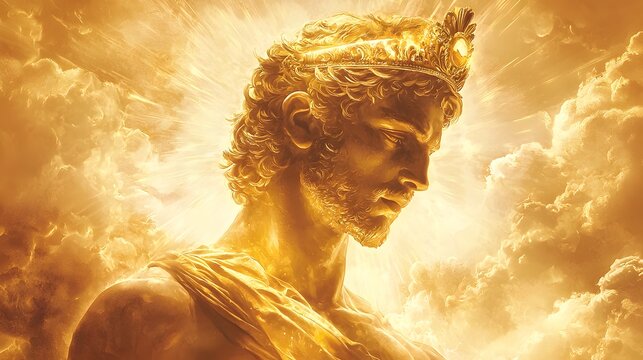 51. A radiant depiction of Helios with his solar crown on a golden pastel sky background
