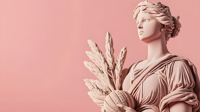 52. A minimalist representation of Tyche holding a cornucopia on a soft pink backdrop