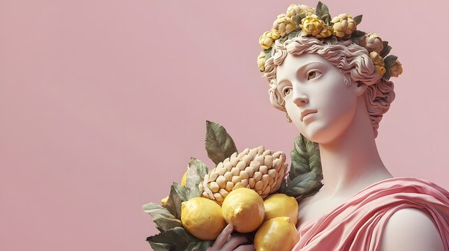 52. A minimalist representation of Tyche holding a cornucopia on a soft pink backdrop