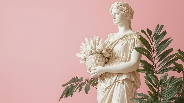 52. A minimalist representation of Tyche holding a cornucopia on a soft pink backdrop