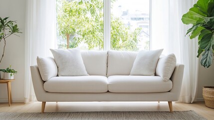 Fototapeta premium Modern Bright Living Room with Cozy White Sofa Near Large Windows and Green Plants : Generative AI