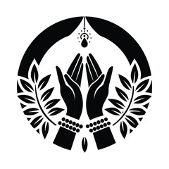 
A symmetrical emblem featuring a pair of hands raised in prayer, encircled by a laurel wreath adorned with leaves and decorative elements