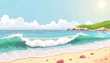 Crashing wave on sandy beach under clear sky, ocean's energy