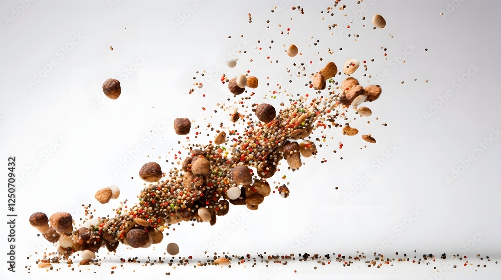 Poster balanced and visually appealing composition of various floating food pellets or supplements against 