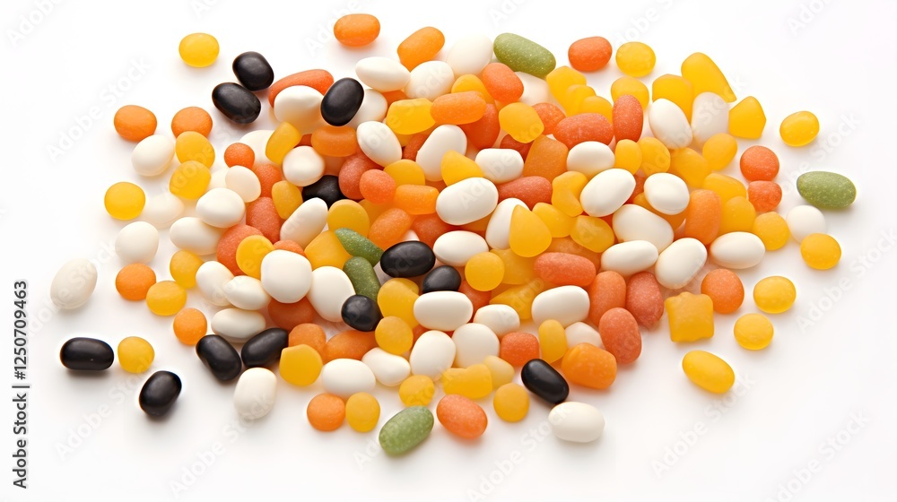 Poster balanced and visually appealing composition of floating food pellets against a clean minimalist whit
