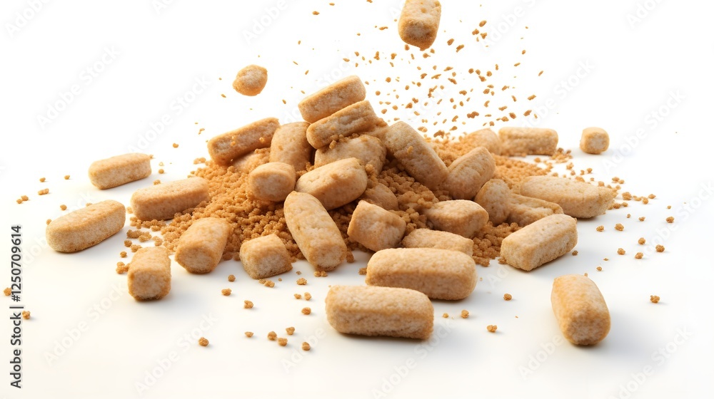 Poster a modern minimalist rendering of food pellets with textures placed against a clean white backdrop fo