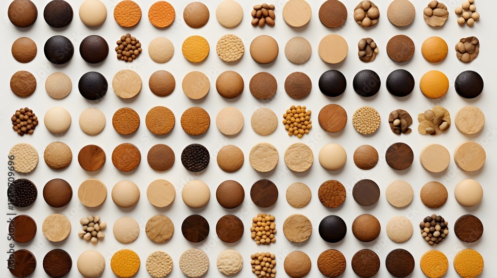 Poster visually striking modern minimalist rendering of food pellets or capsules with textures and surfaces