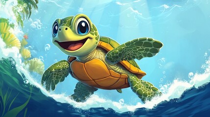 A cheerful cartoon turtle swims in the ocean with bubbles and waves surrounding it